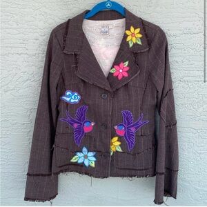 Lucca Couture Blazer Bird & Floral Patchwork Frayed Jacket Sz S